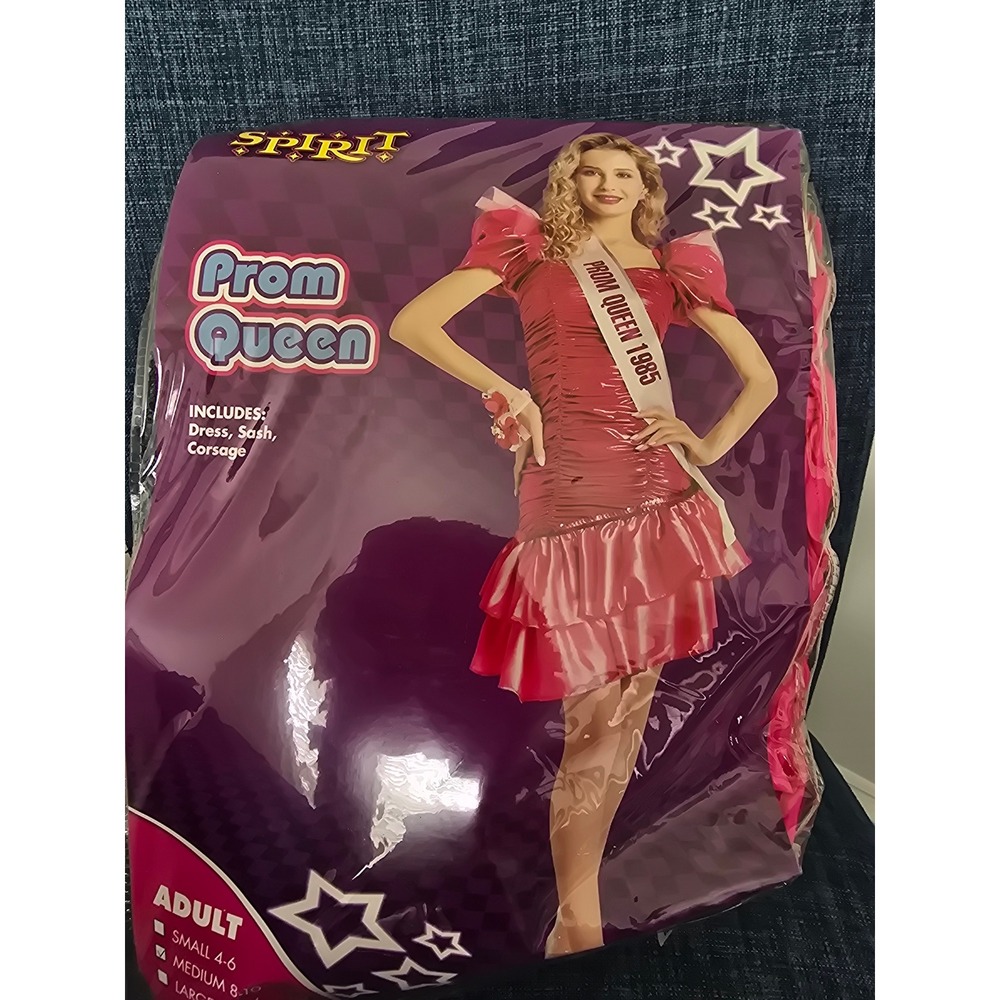 Spirit Halloween Prom Queen 1985 Costume Pink Dress Sash Adult Medium 8-10